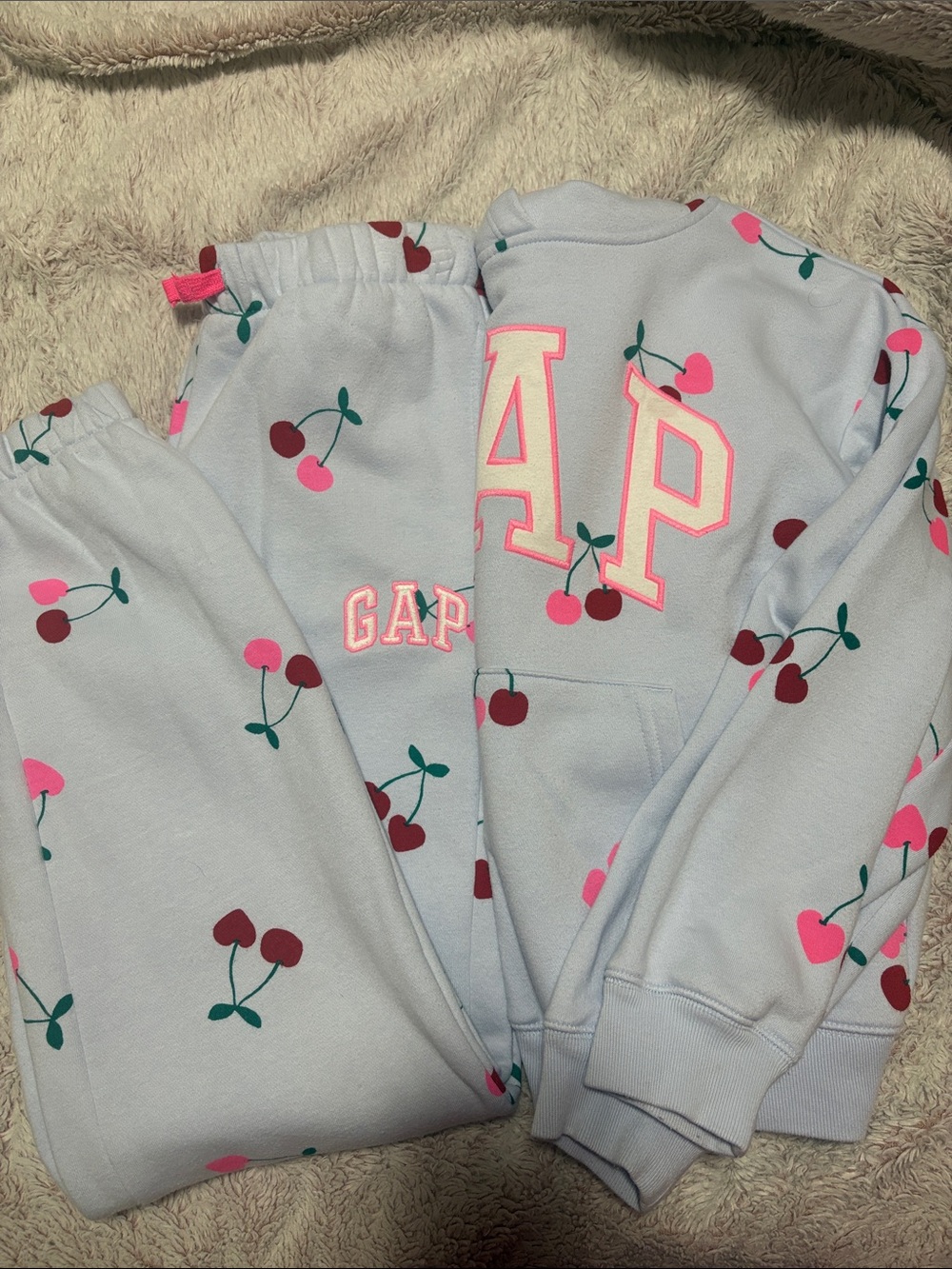 GAP Light Blue Sweatpants with Pink & Burgundy Cherry Print